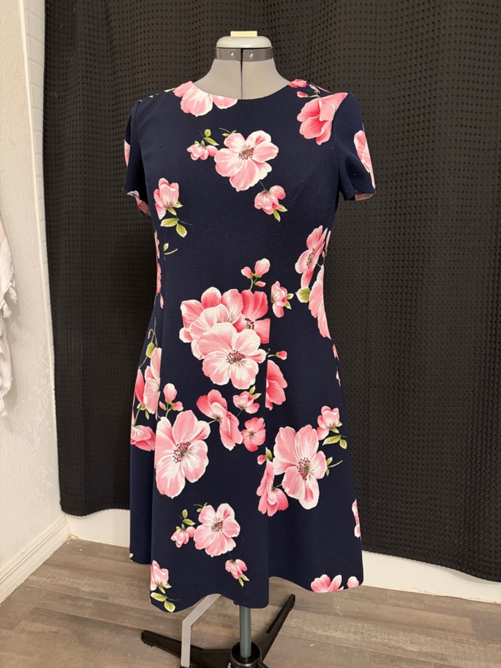 Navy Floral Midi Dress with Pink Blossom Print